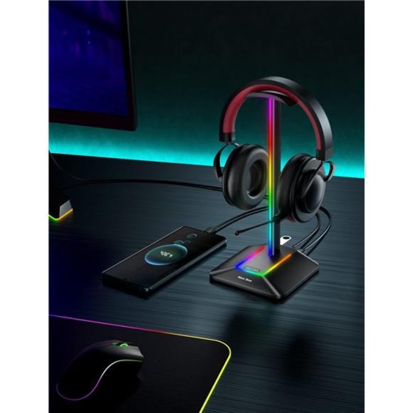 RGB Headphone Stand with 1 USB-C Charging Port & 1 USB Charging Port,Desk Gaming - Picture 6 of 6